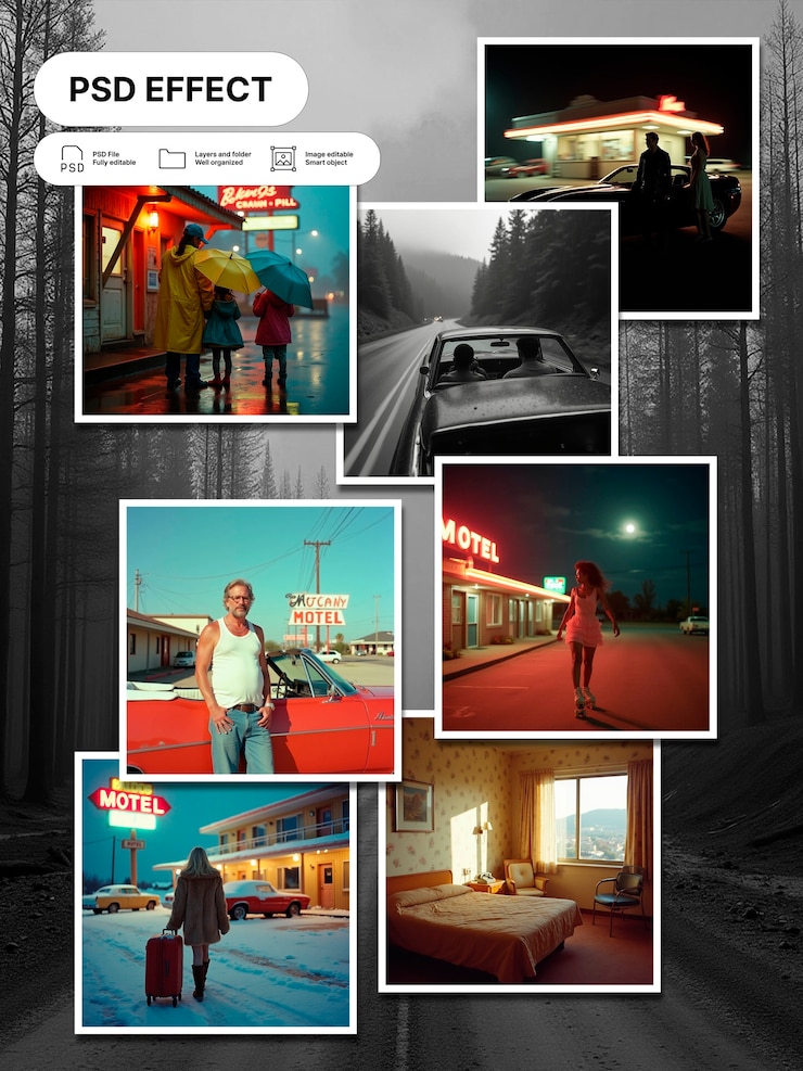 PSD gratuito cinematic scenes of a road trip collage effect