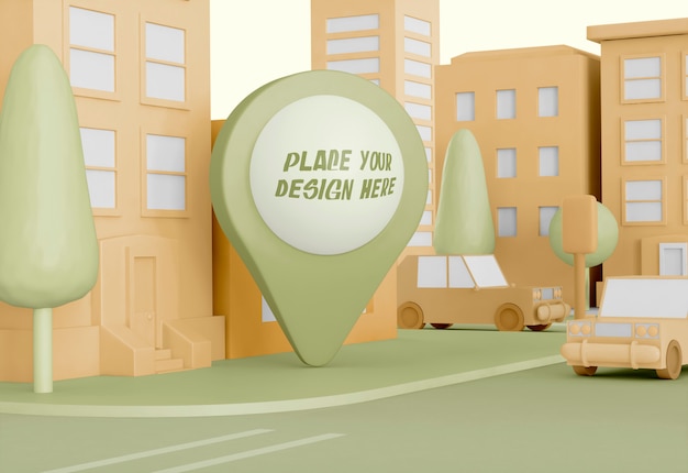 Città di cartone animato con mockup puntatore mappa