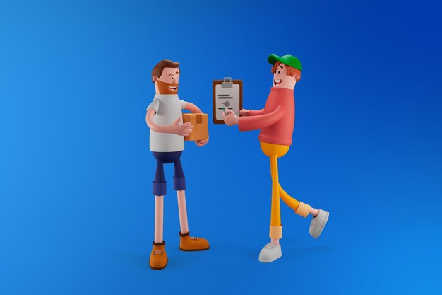 Cliente feliz que firma para la entrega del servicio de mensajería en un fondo aislado Hombre que firma el recibo de la entrega del paquete Concepto de entrega Personaje de dibujos animados de renderizado 3d