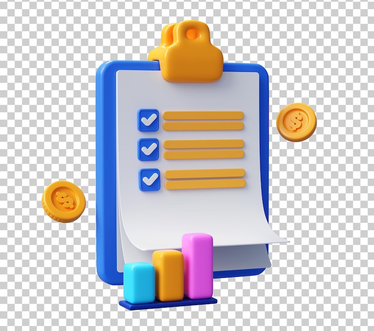 PSD gratuito clipboard 3d con grafico a barre di lista di controllo e monete