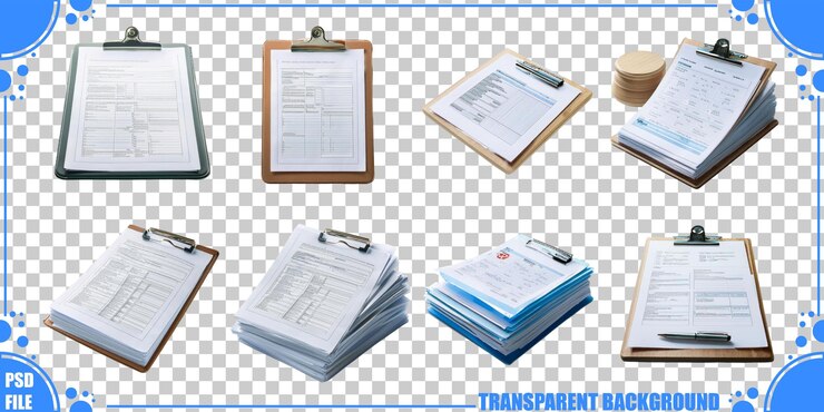 PSD gratuito clipboard di documenti vari su sfondo trasparente