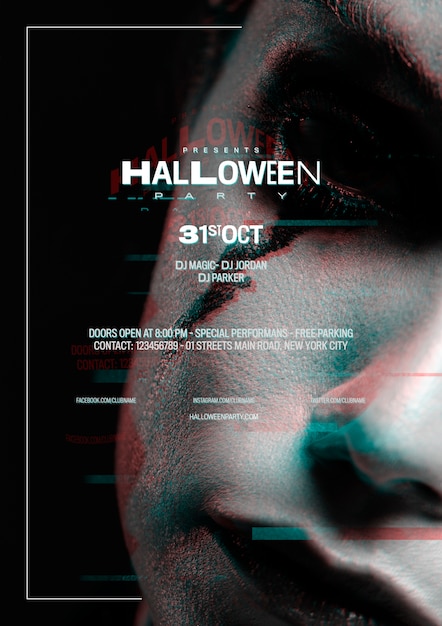 Gratis PSD close-upvrouw met halloween-samenstelling en glitch effect