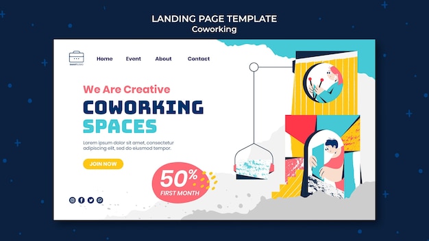Gratis PSD co-working websjabloon geïllustreerd co
