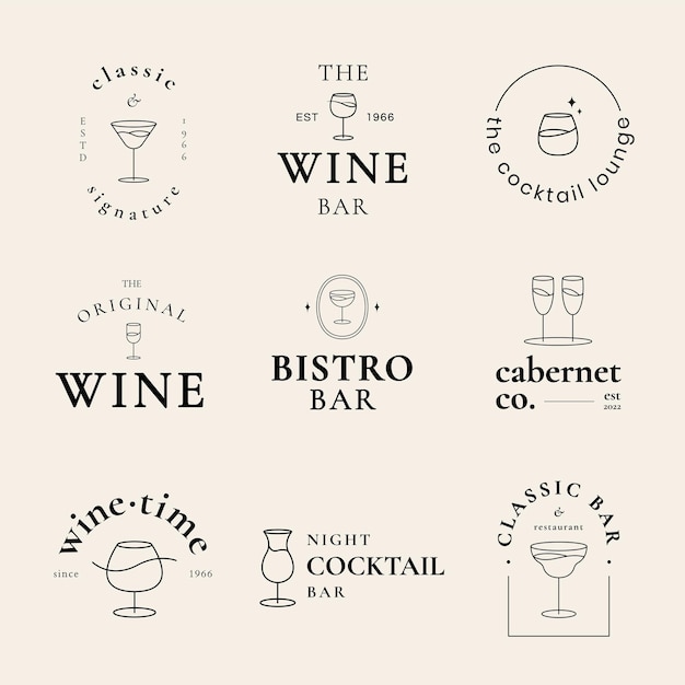 Cocktail lounge logo sjabloon psd met minimale cocktailglas illustratie set Premium Psd