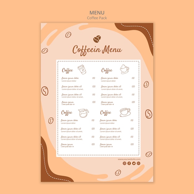 Coffeein coffee pack plantilla de menú