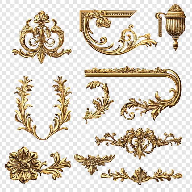 Colección de adornos barrocos dorados Exquisitos elementos decorativos de estilo rococó renderizados en 3D para proyectos de diseño