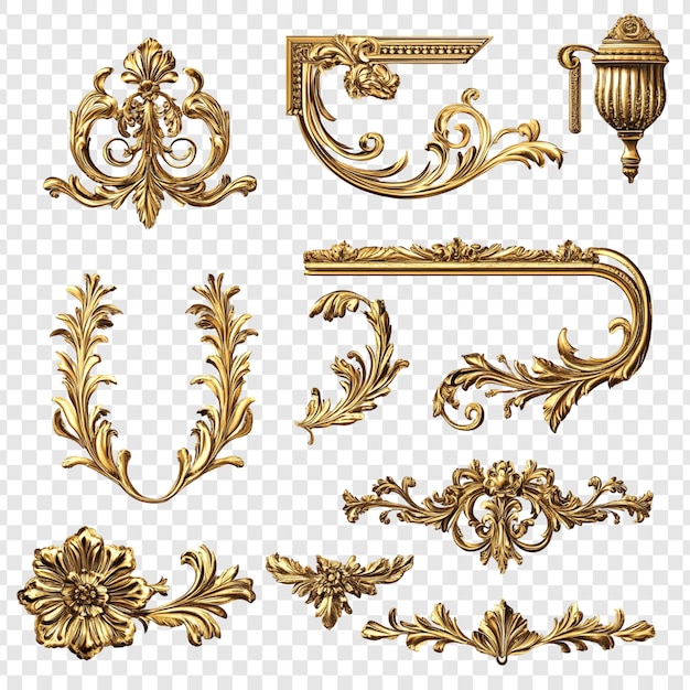 Colección de adornos barrocos dorados Exquisitos elementos decorativos de estilo rococó renderizados en 3D para proyectos de diseño