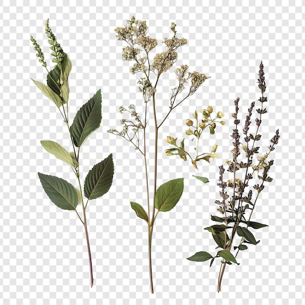 Colección botánica seca Tres delicados arreglos de flores y hojas prensadas