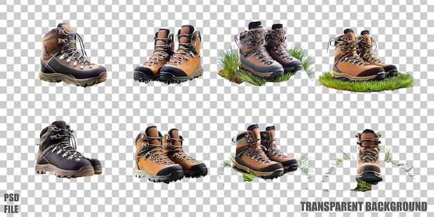 Colección de botas de senderismo en un fondo transparente