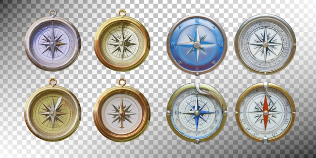 Colección de brújulas antiguas con fondo transparente