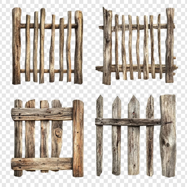 Colección de cercas de madera rústica Cuatro variaciones de cercas rústicas de madera aisladas sobre un fondo blanco