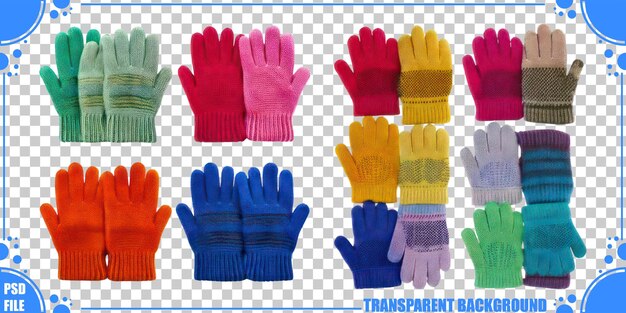 Colección colorida de guantes de invierno sobre un fondo transparente