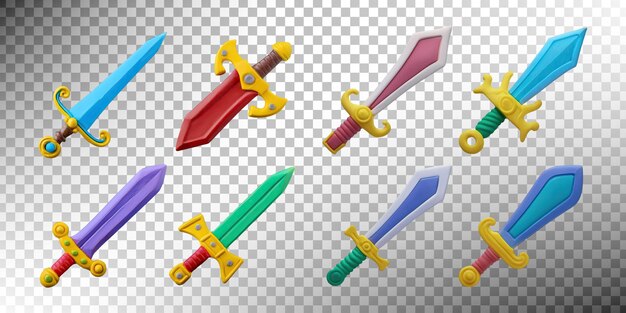 Colección de coloridas espadas de dibujos animados para proyectos de diseño