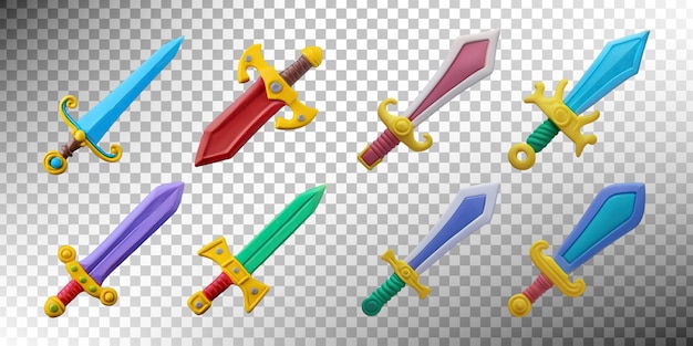 Colección de coloridas espadas de dibujos animados para proyectos de diseño