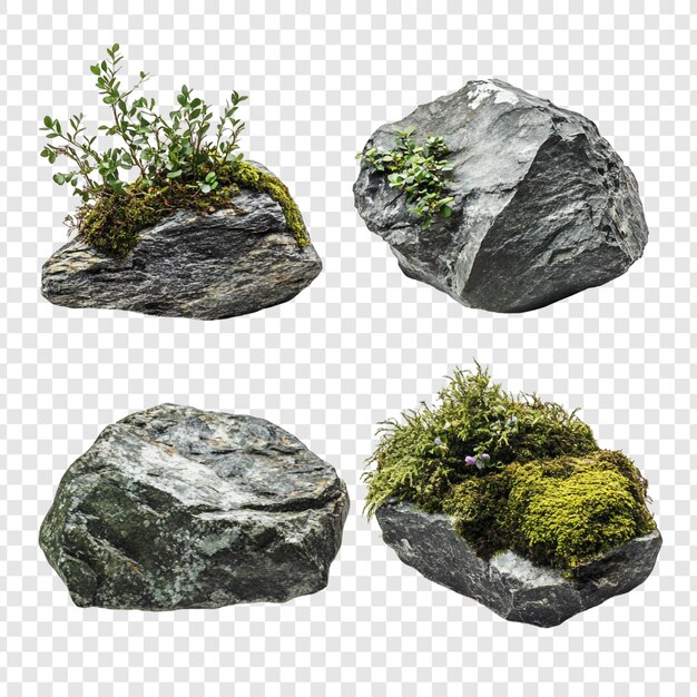 Colección de cuatro rocas grises con musgo verde y plantas