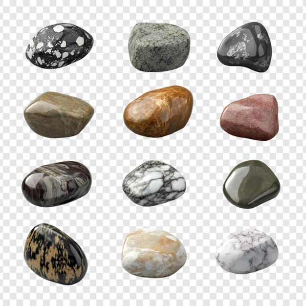 Colección de doce piedras pulidas diversas que muestran una variedad de colores texturas y patrones Cada piedra única muestra belleza natural