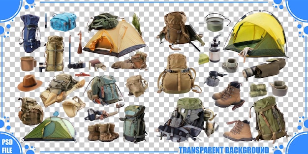 Colección de equipo y equipo de acampada al aire libre