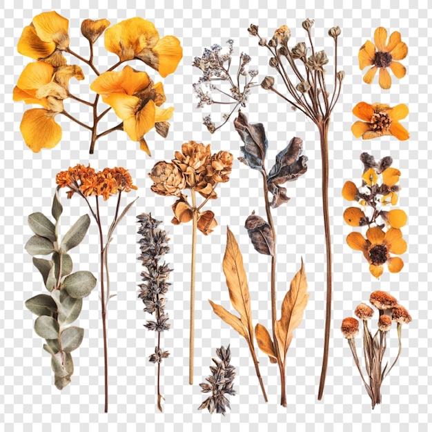 Colección de flores secas Una naturaleza muerta botánica de flores prensadas y secas Hojas y plantas