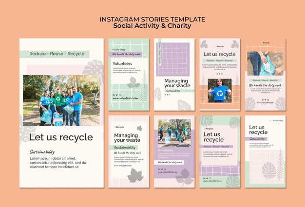 PSD gratuito colección de historias de instagram de actividad ambiental y cero desperdicio.