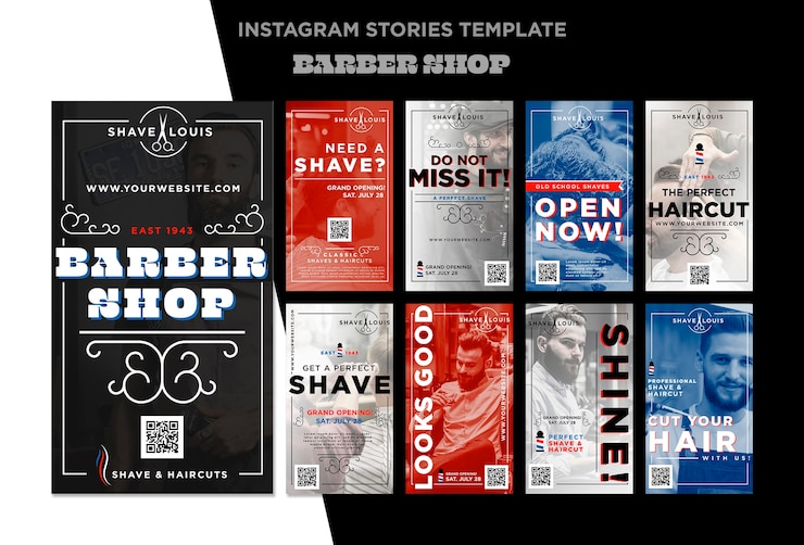 PSD gratuito colección de historias de instagram de barbería