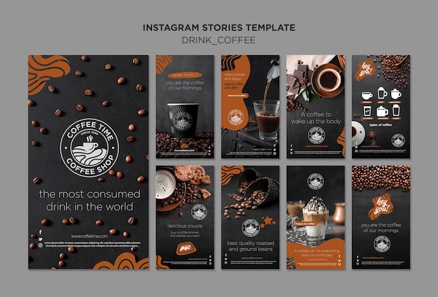 PSD gratuito colección de historias de instagram de café