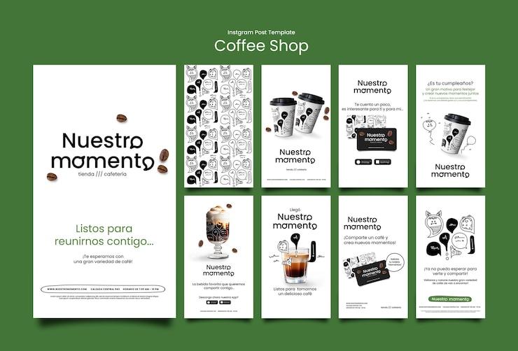 PSD gratuito colección de historias de instagram para cafetería