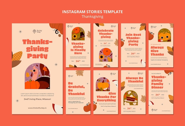 Colección de historias de instagram para la celebración de acción de gracias