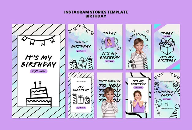 Colección de historias de instagram de celebración de cumpleaños para niños