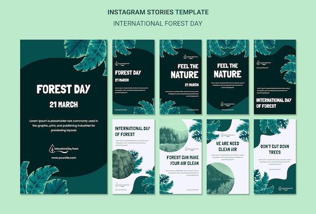 PSD gratuito colección de historias de instagram para la celebración del día internacional del bosque