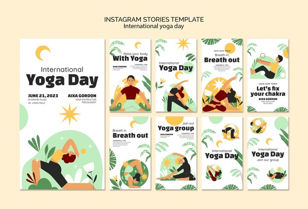 Colección de historias de instagram para la celebración del día internacional del yoga