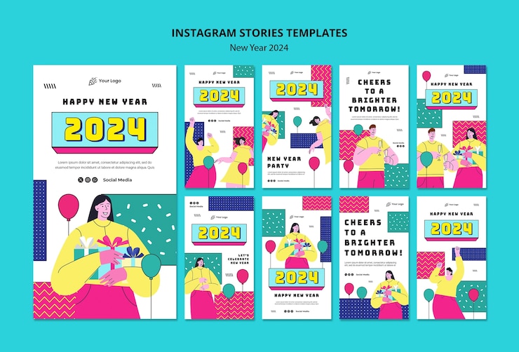PSD gratuito colección de historias de instagram para la celebración de la fiesta de año nuevo 2024