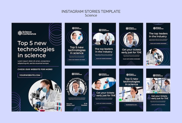 PSD gratuito colección de historias de instagram de ciencia y tecnología con colores degradados y formas geométricas