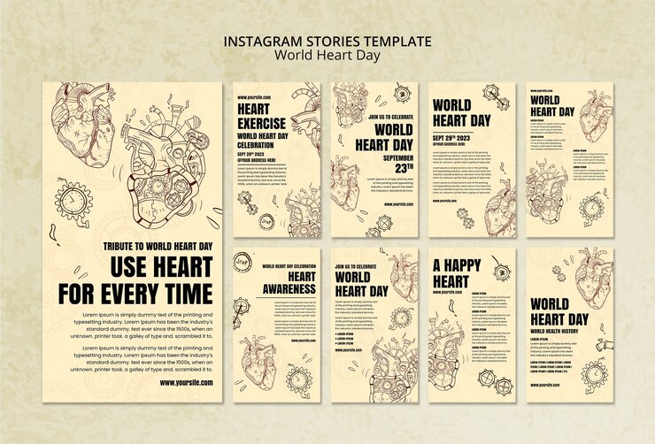 PSD gratuito colección de historias de instagram para la concientización del día mundial del corazón