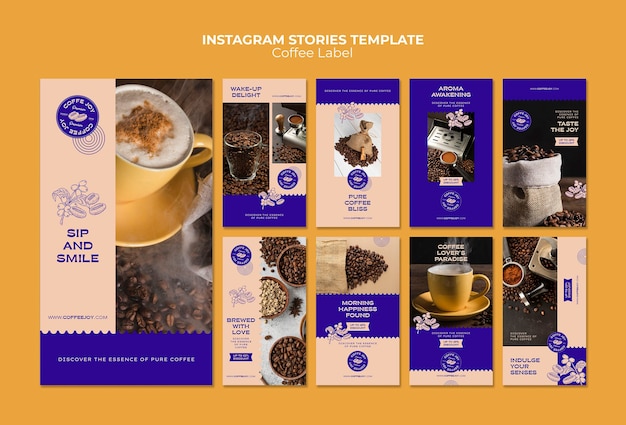 PSD gratuito colección de historias de instagram para etiqueta de café.