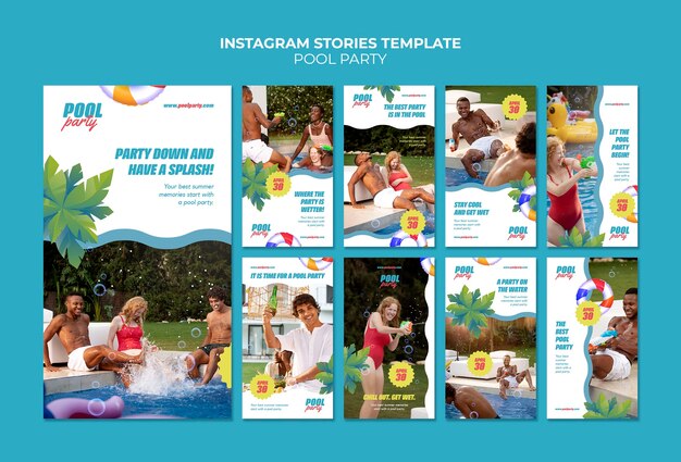 Colección de historias de instagram de fiesta en la piscina de verano