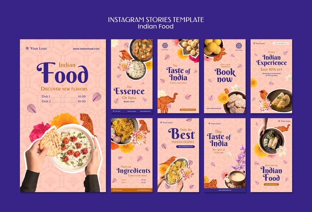 Colección de historias de instagram de negocios y restaurantes de comida india