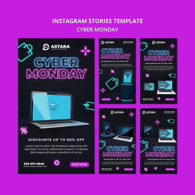 PSD gratuito colección de historias de instagram de neon cyber monday