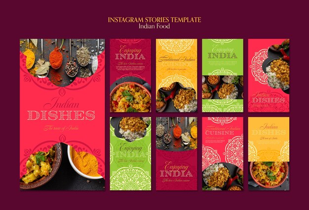 Colección de historias de instagram de restaurante de comida india con diseño de mandala
