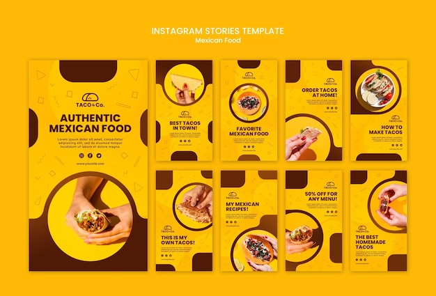 PSD gratuito colección de historias de instagram para restaurante de comida mexicana