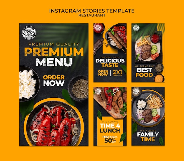 PSD gratuito colección de historias de instagram de restaurante con diseño de hojas