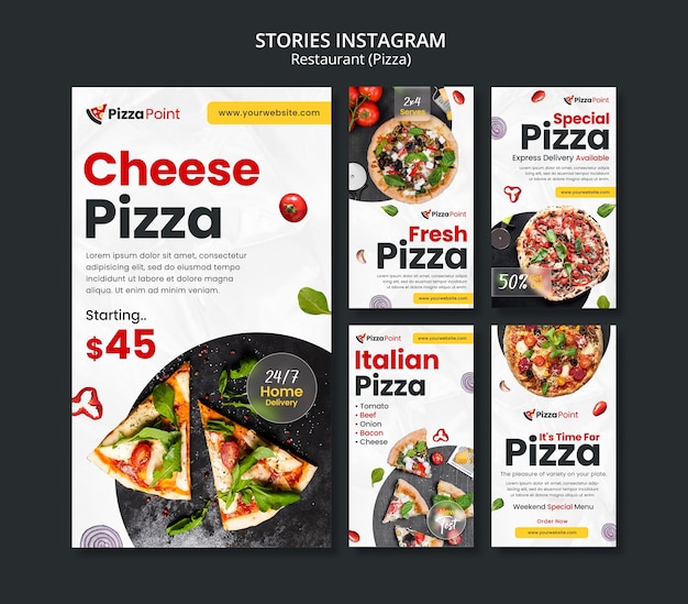 PSD gratuito colección de historias de instagram de restaurante de pizza