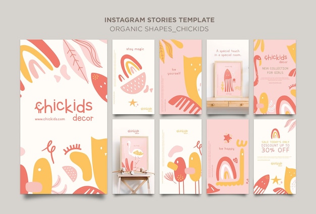 Colección de historias de instagram para tienda de decoración de interiores para niños