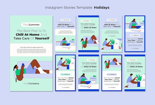 PSD gratuito colección de historias de instagram de vacaciones desde casa