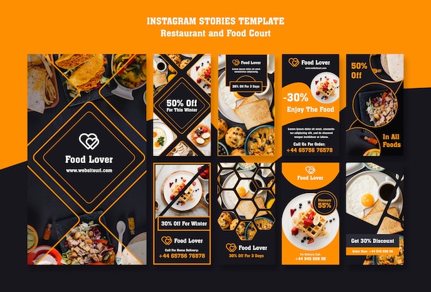 PSD gratuito colección de historias de instargram para restaurante de desayuno