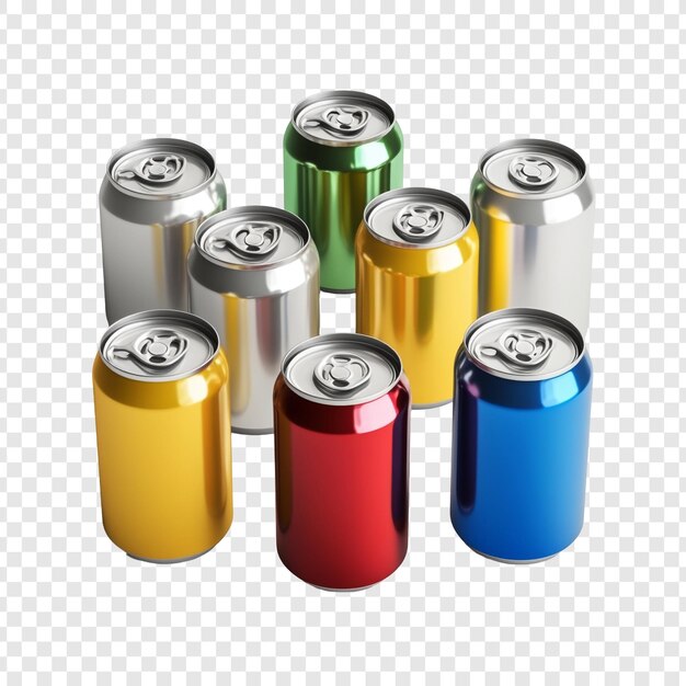 Colección de latas de aluminio coloridas Una vibrante exhibición de siete latas de refrescos en colores variados que muestran una variedad de bebidas refrescantes