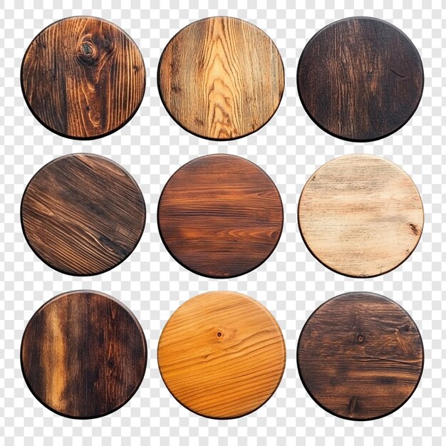 Colección de nueve círculos de madera rústicos de diversas texturas y tonos de marrón