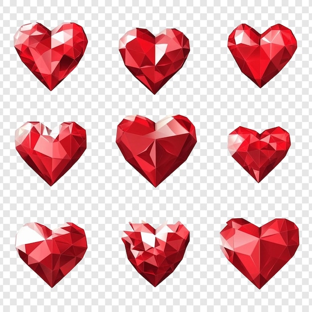 Colección de nueve corazones de piedras preciosas rojas Facetas y reflexiones