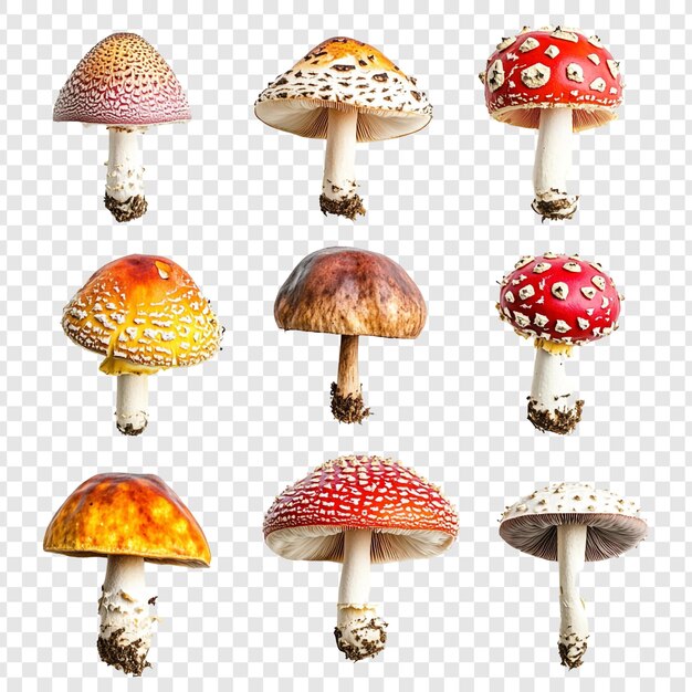 Colección de nueve setas vibrantes fotos detalladas de primer plano que muestran diversas especies y colores