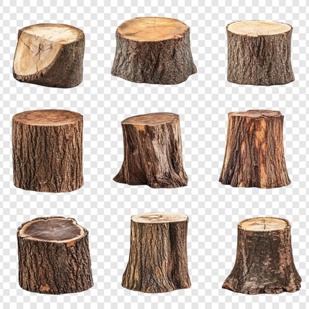 Colección de nueve troncos de árboles de diversas formas y tamaños de madera rústica