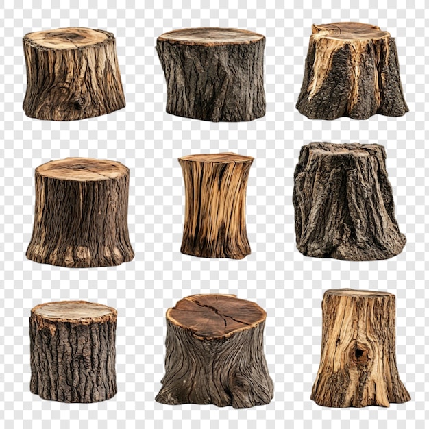 Colección de nueve troncos de árboles de varias formas y tamaños aislados sobre un fondo blanco
